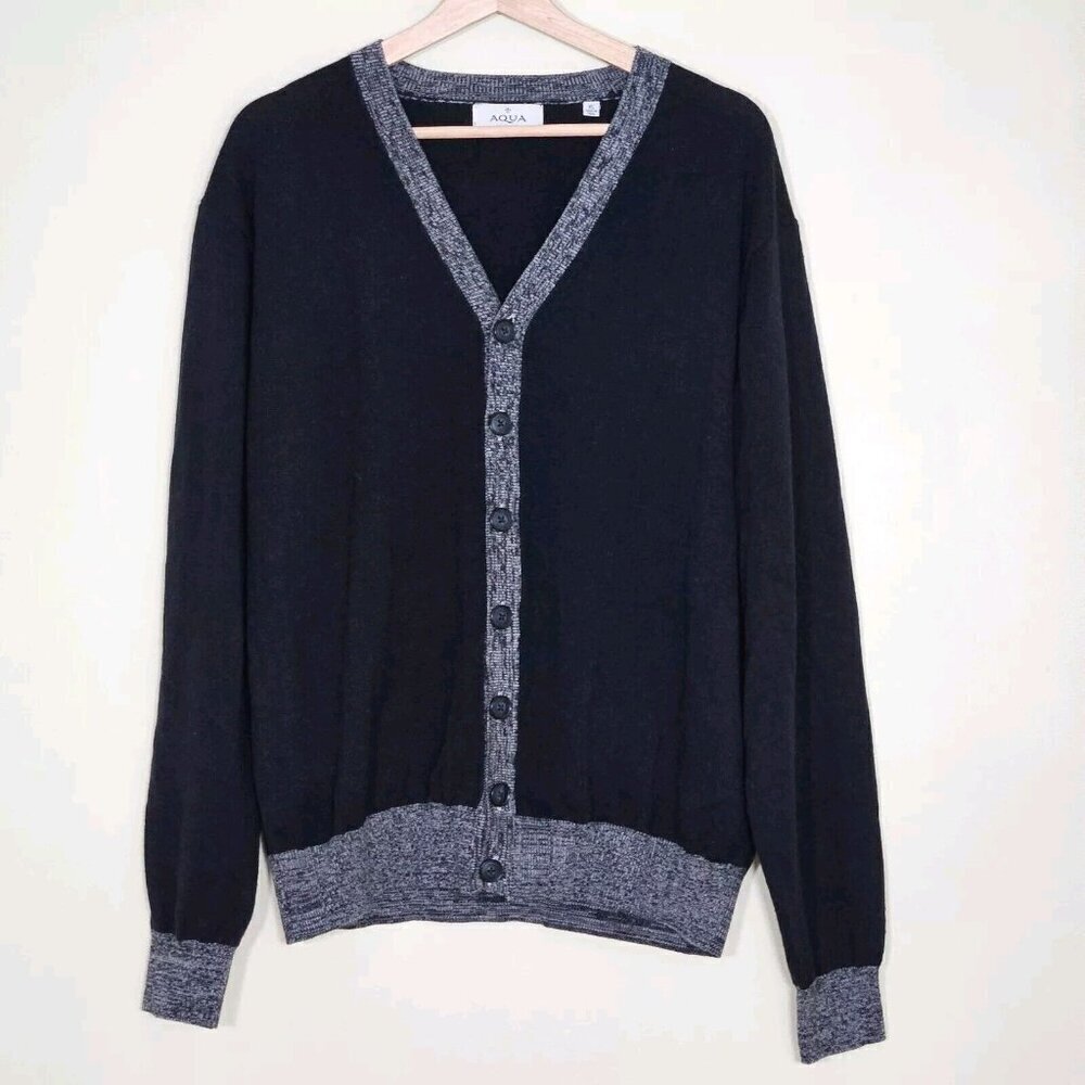 Aqua Toscano Cardigan Mens XL Black Gray Button Wool Blend LS Grandpa Cottage